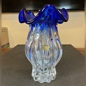 Hand blown Edgermann Czech Bohemian Vase Blue